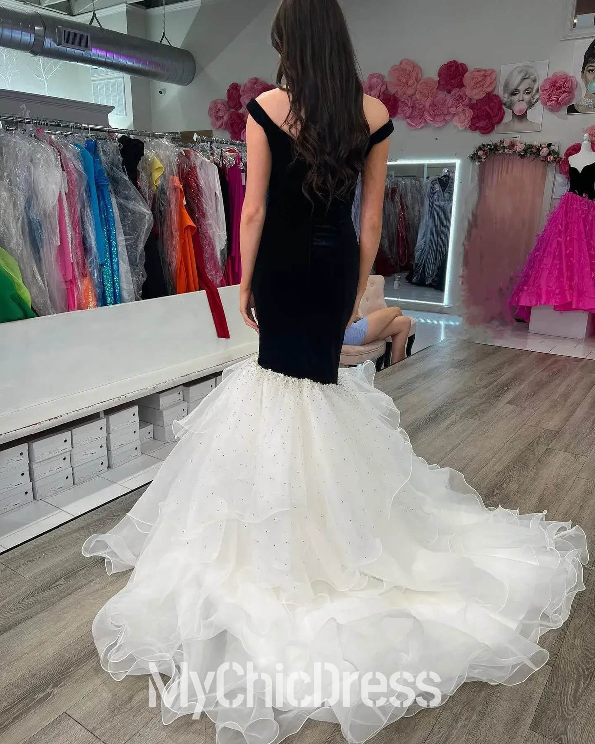 Black Velvet Formal Dress Mermaid Prom Dresses Ruffled Off the Shoulder