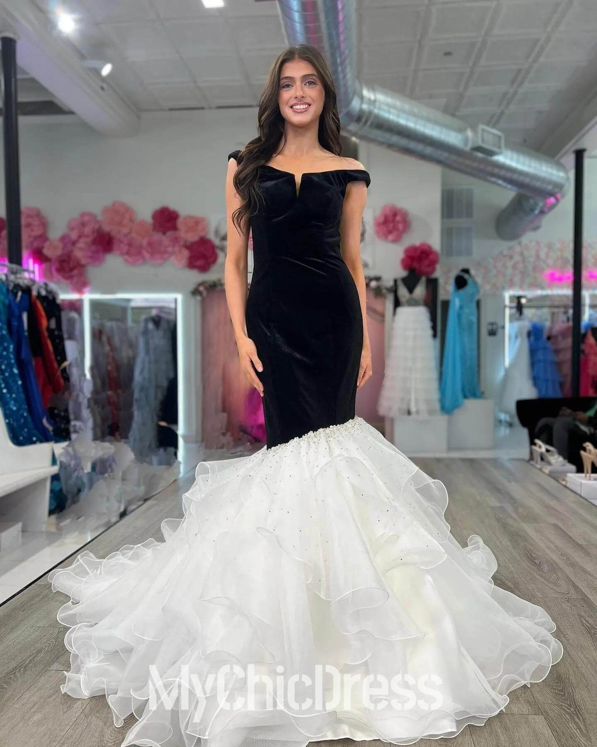 Black Velvet Formal Dress Mermaid Prom Dresses Ruffled Off the Shoulder