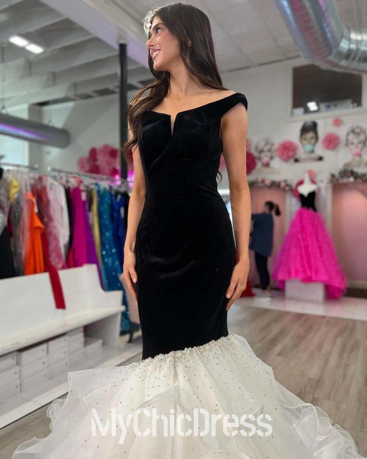 black Velvet Formal Dress Mermaid Prom Dresses Ruffled Off the Shoulder