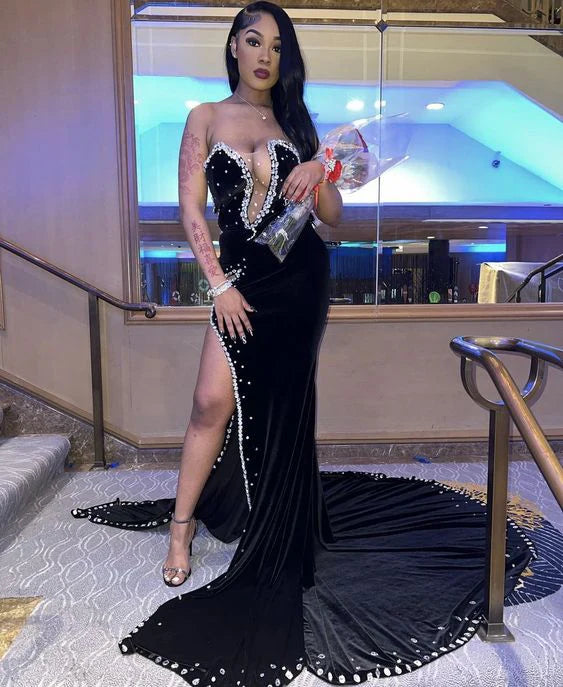 Dark Green Velvet Formal Wedding Guest Dress Beaded High Slit