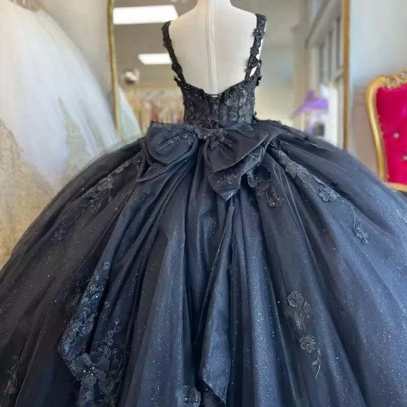 Black Vestidos De 15 Anos Flower Lace Quinceanera Dress With Bow