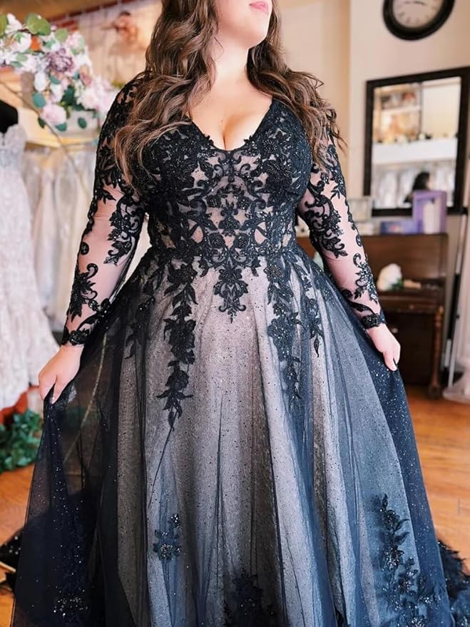 Plus Size Long Sleeve Black Wedding Dresses Gothic Lace Bridal Gown