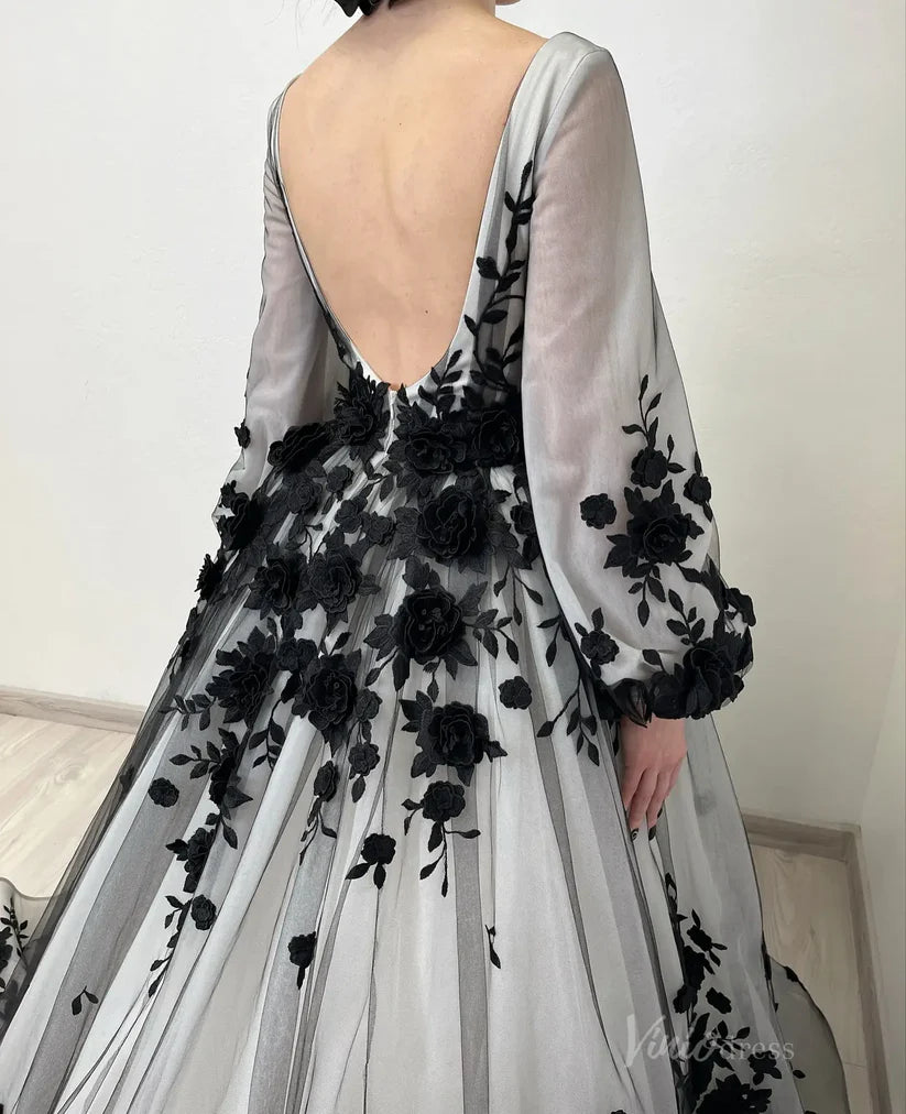 Black White Wedding Dress Floral Long Puff Sleeves with 3D Flowers Mychicdress