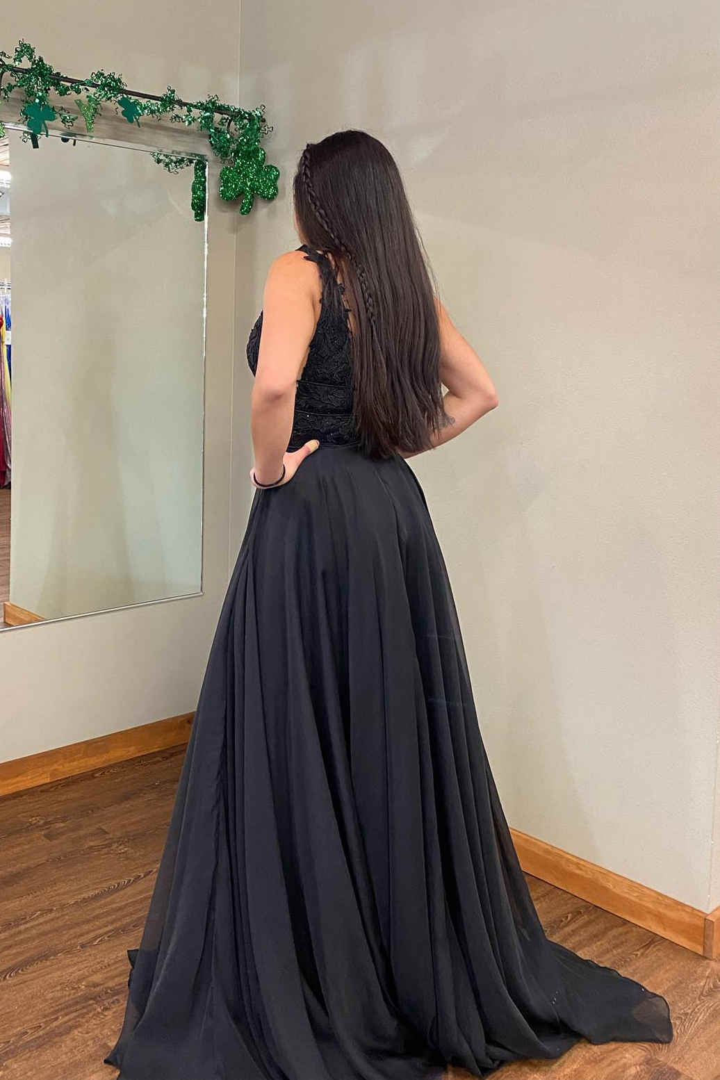 Black Lace Prom Dresses V Neck Backless Mermaid Formal Dresses