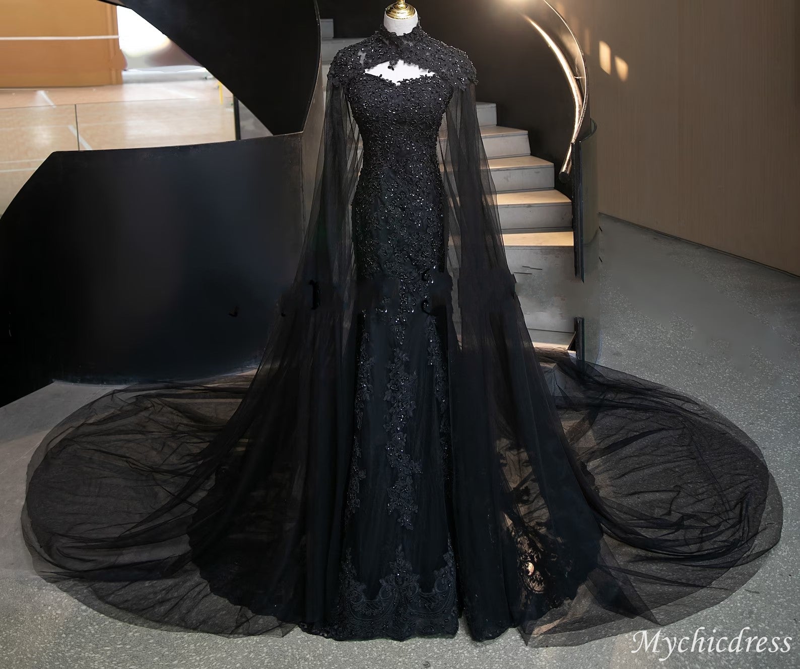 Long Lace Fitted Mermaid Black Wedding Dresses Corset with Cape Custom Size / Custom Color Long Lace Fitted Mermaid Black Wedding Dresses Corset with Cape Custom Size / Custom Color