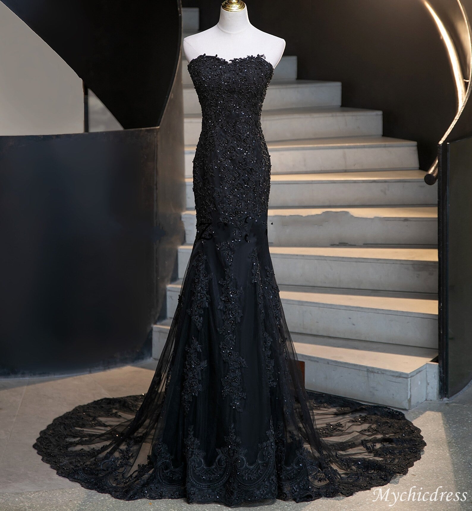 Long Lace Fitted Mermaid Black Wedding Dresses Corset with Cape - MyChicDress