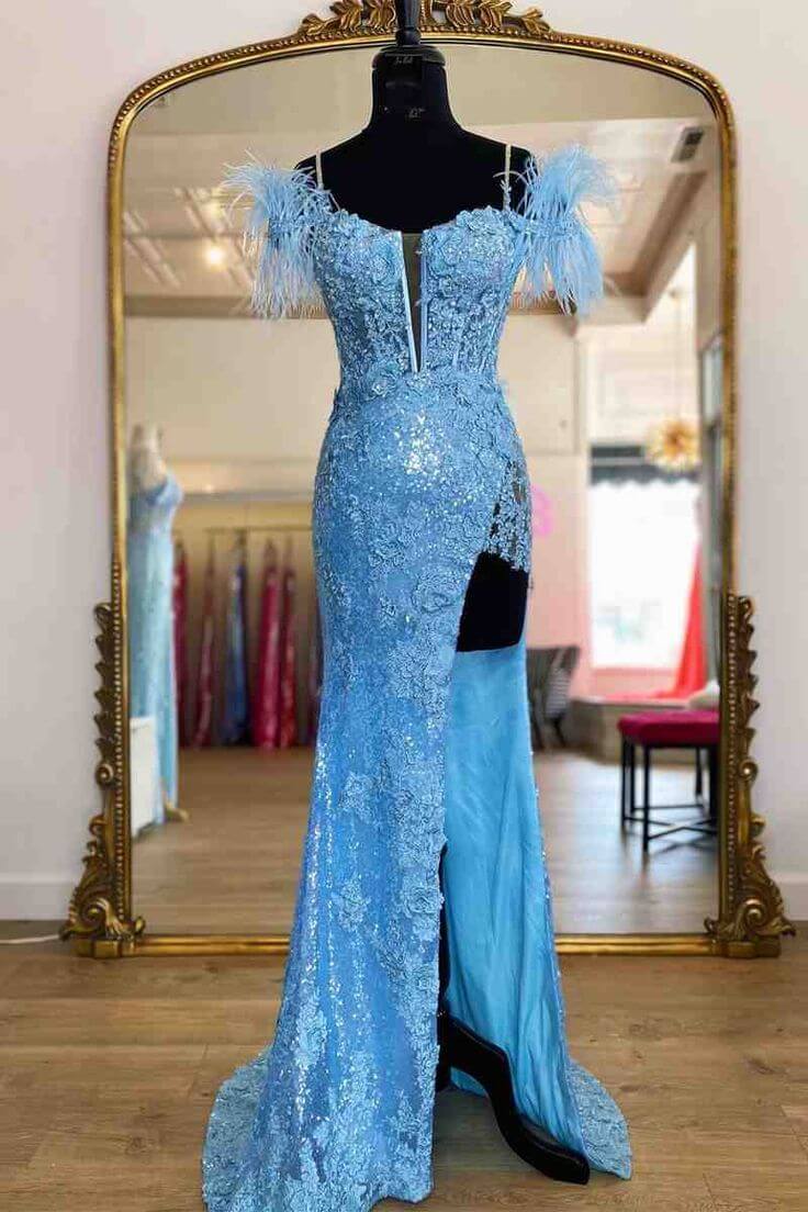 Blue lace evening gown
