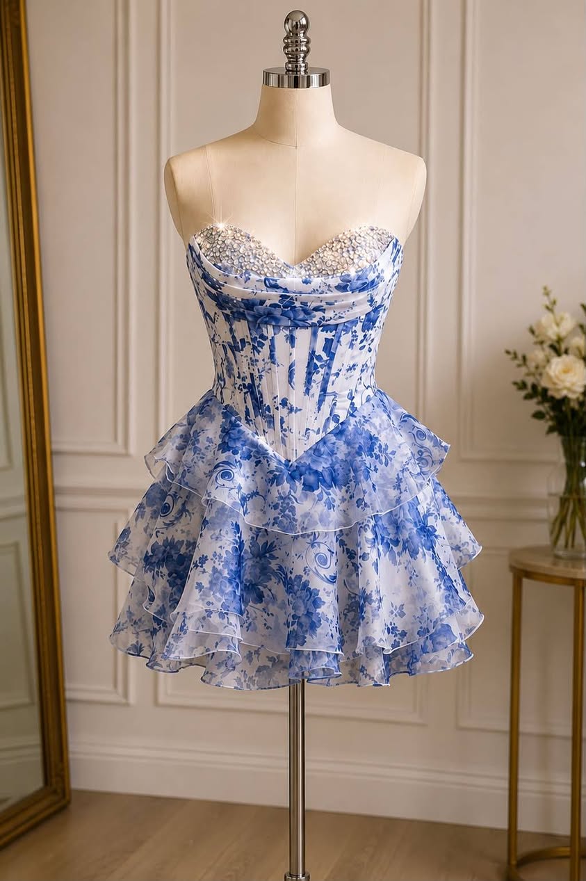 Pink Short Homecoming Dress Beaded Floral Sweetheart with Ruffle