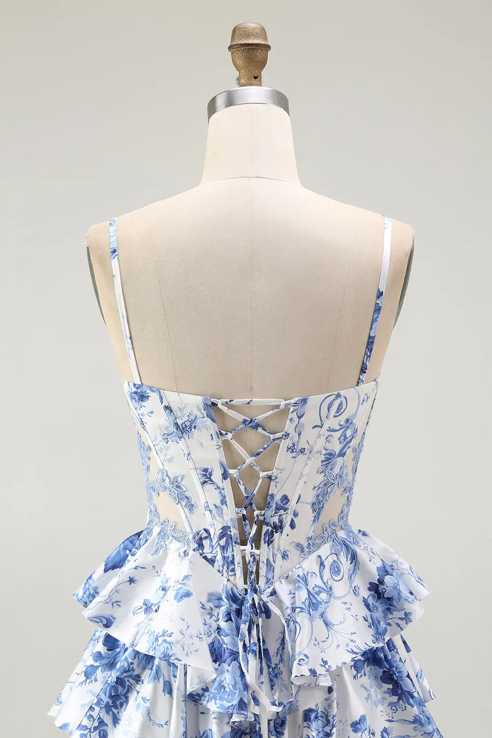 Blue Corset Print Prom Dress Flower A Line Ruffled Formal Dress with Slit