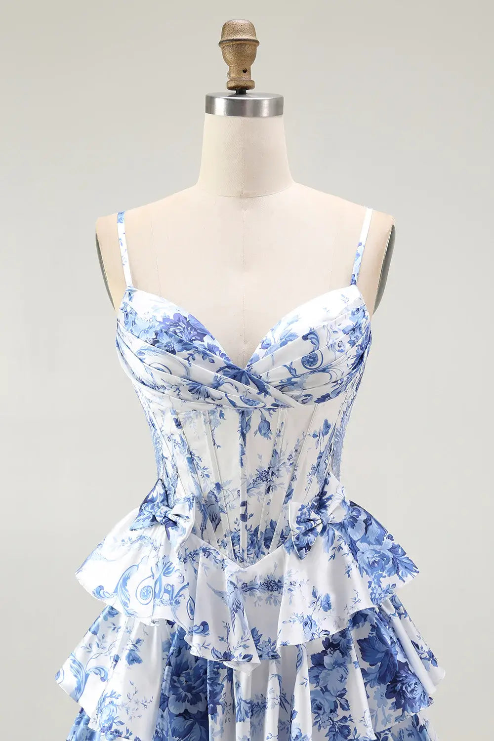Blue Corset Print Prom Dress Flower A Line Ruffled Formal Dress with Slit