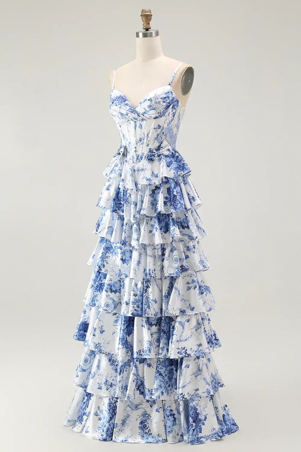 Blue Corset Print Prom Dress Flower A Line Ruffled Formal Dress with Slit