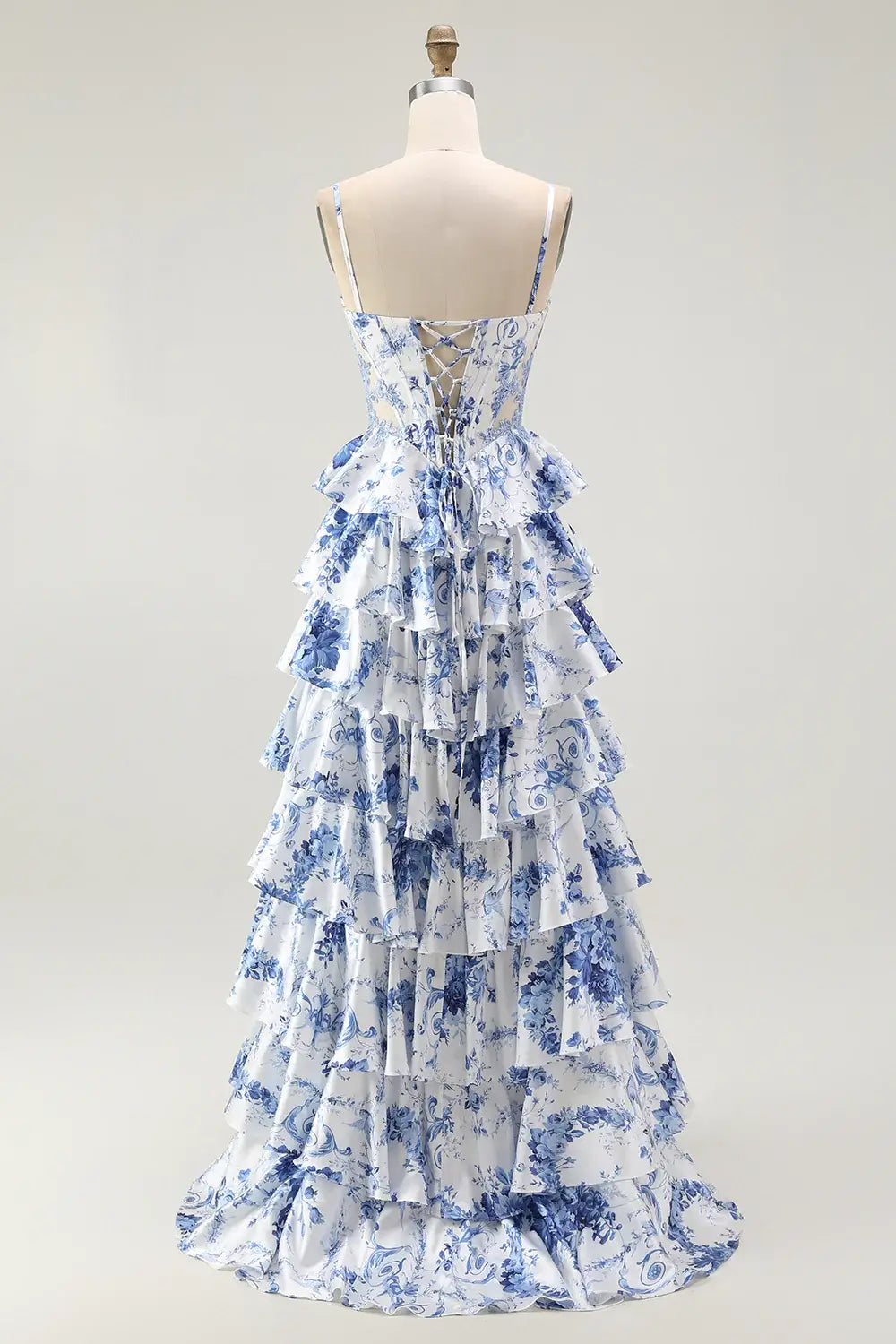 Blue Corset Print Prom Dress Flower A Line Ruffled Formal Dress with Slit