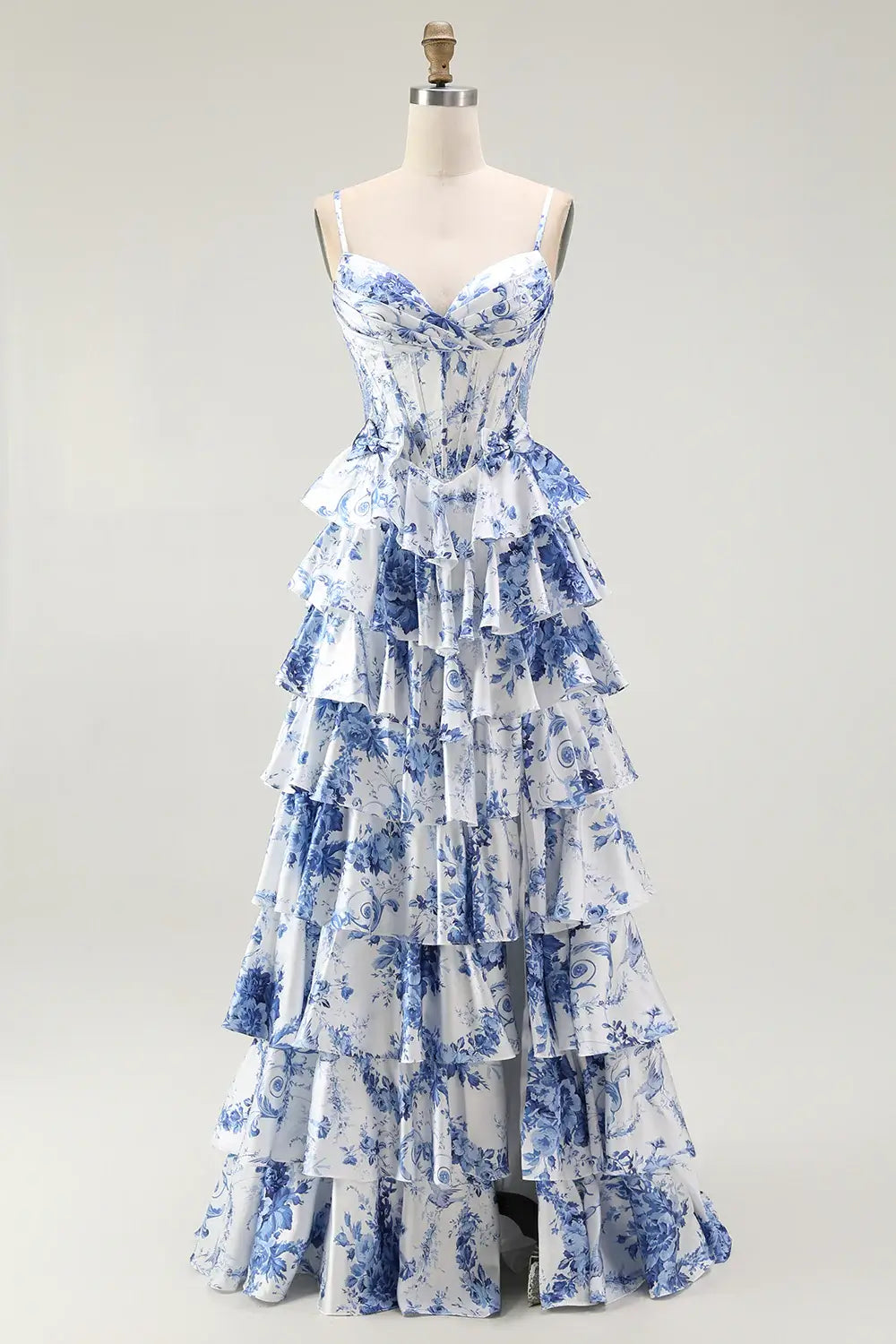 Blue Corset Print Prom Dress Flower A Line Ruffled Formal Dress with Slit