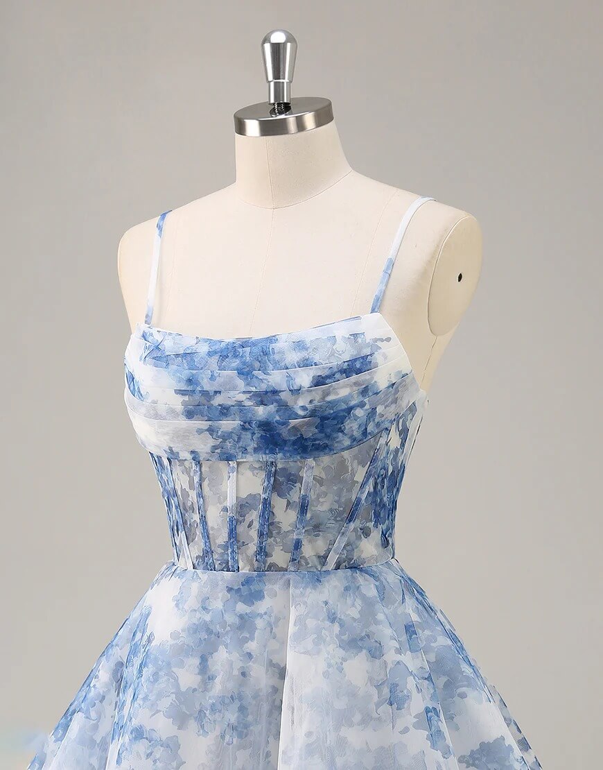Blue Floral Homecoming Dress Corset Print Short Prom Dress A Line