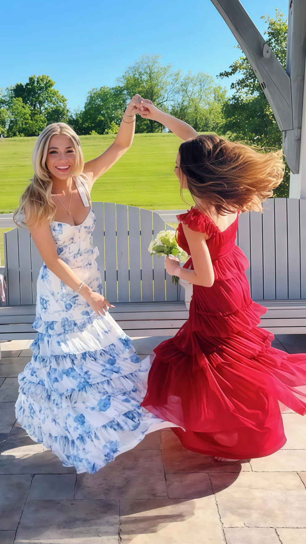 Blue Floral Senior Prom Dress Ruffles Tiered Evening Dress UK Mychicdress