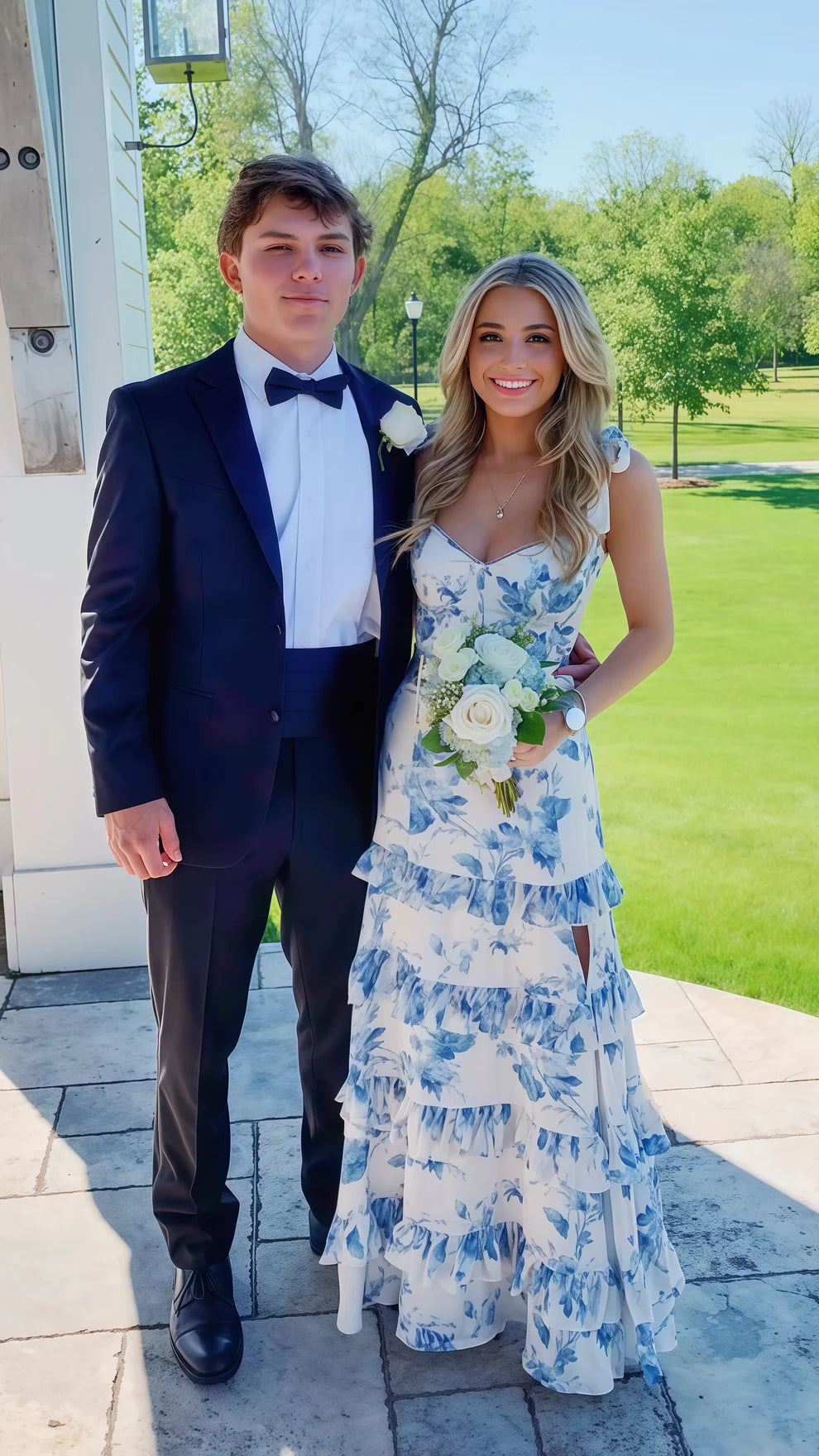 Blue Floral Senior Prom Dress Ruffles Tiered Evening Dress UK Mychicdress