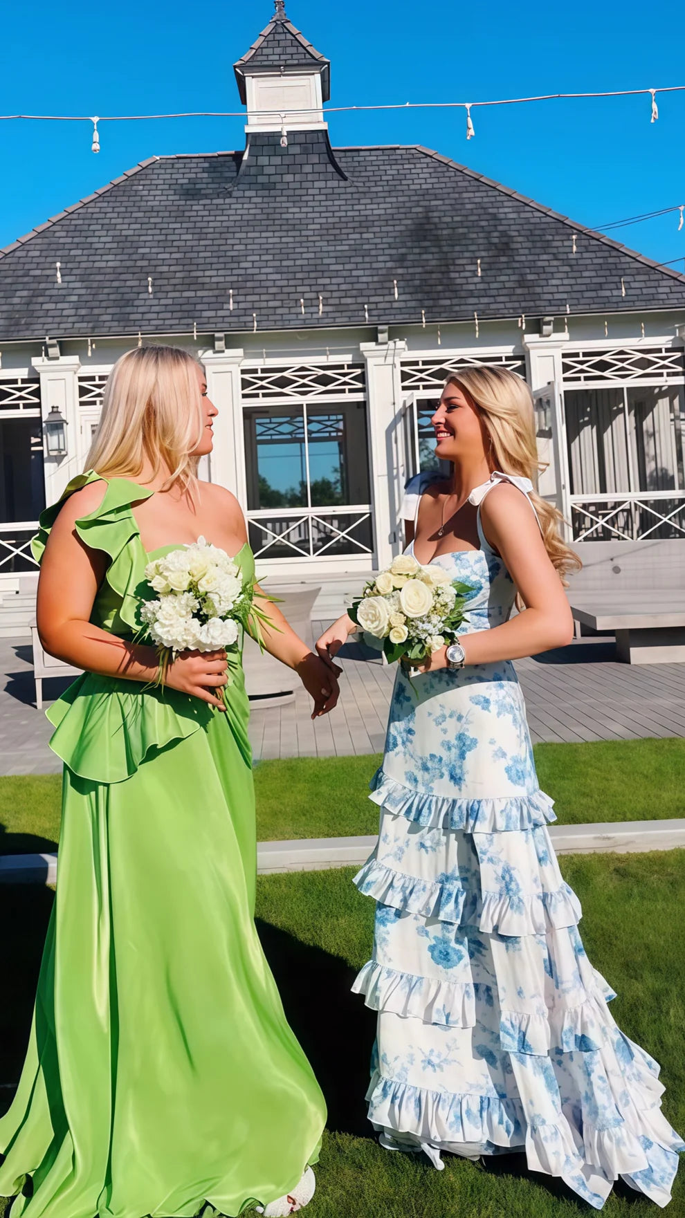 Blue Floral Senior Prom Dress Ruffles Tiered Evening Dress UK Mychicdress