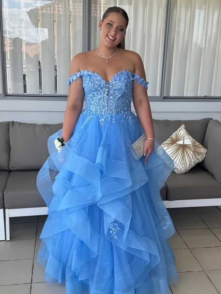 A-line Tulle Blue Formal Dress Lace Long Prom Dress Off Shoulder