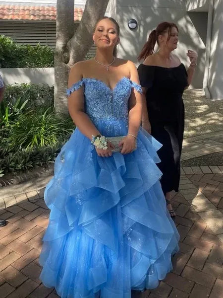 A-line Tulle Blue Formal Dress Lace Long Prom Dress Off Shoulder