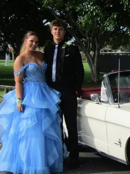 A-line Tulle Blue Formal Dress Lace Long Prom Dress Off Shoulder