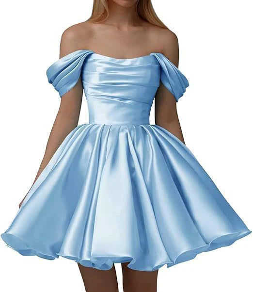 Vestido de satén de corte A para adolescentes, vestido de cóctel corto con hombros descubiertos