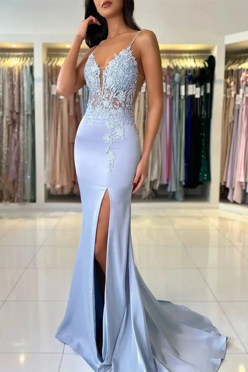 Blue Lace Evening Dress Mermaid Long Prom Dress with high slit