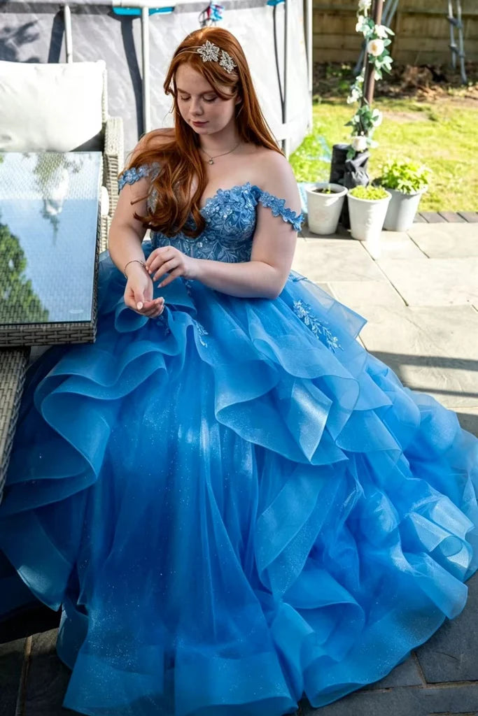 blue off-the-shoulder ball gown formal dress
