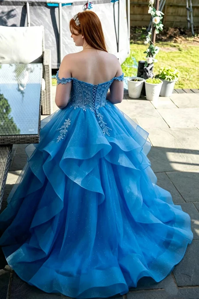 ball gown blue formal dress ruffles