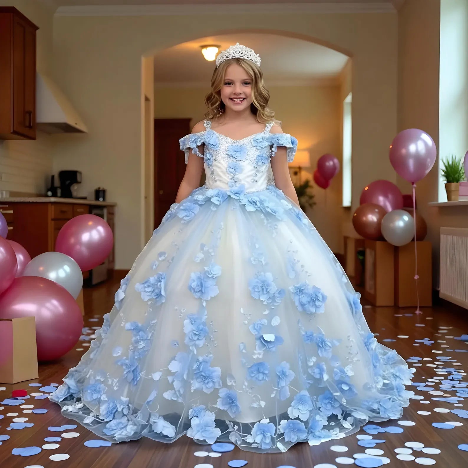 Lilac Mini Quinceanera Gown 3D Floral Appliques Off-the-shoulder