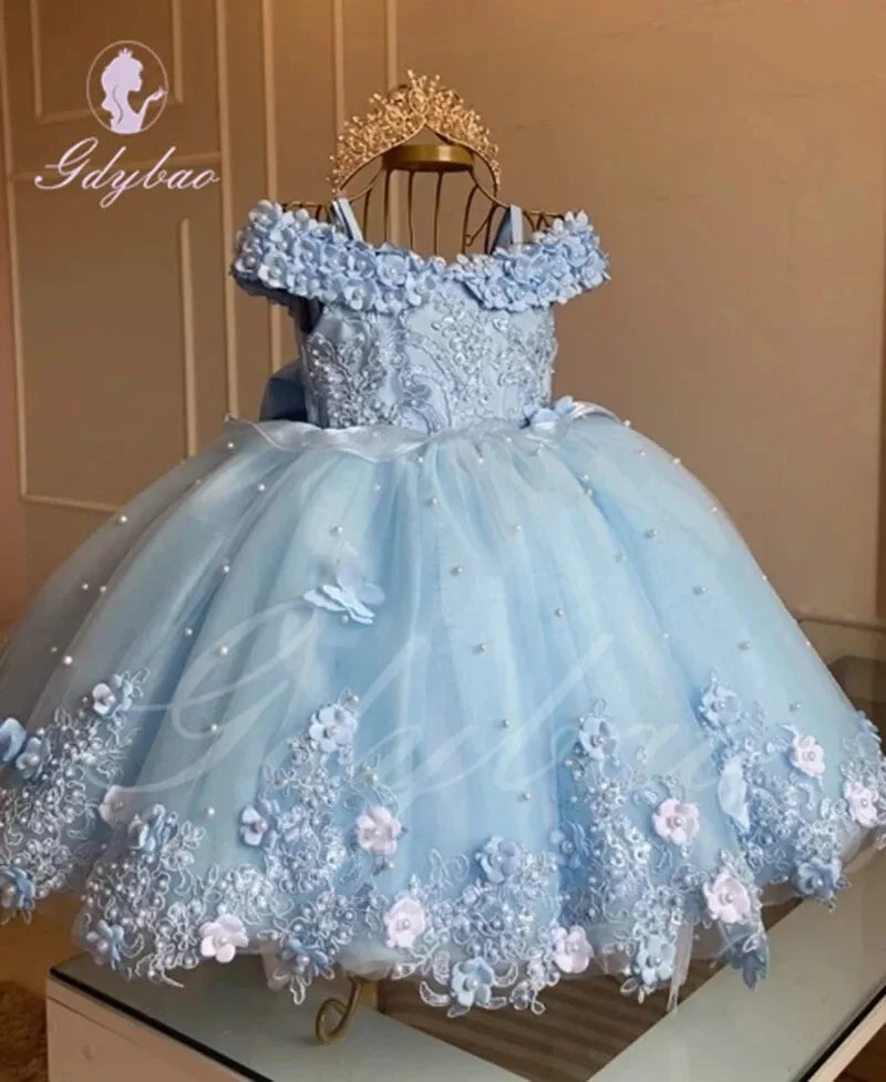 Mychicdress blue Pageant Girl Dresses Pearls Lace Flower Girl Dress Sleeveless