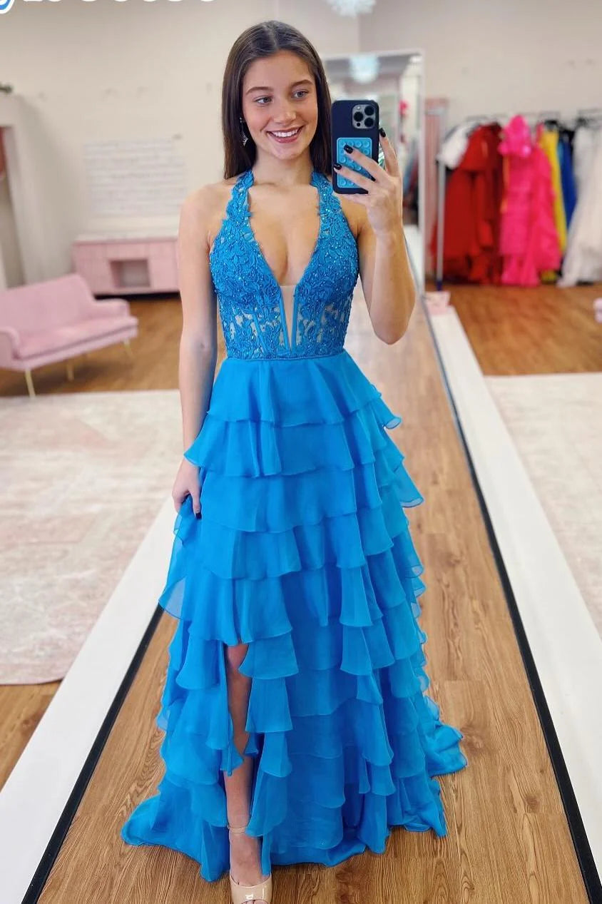 Ruffle Halter Prom Dress Light Blue Lace Appliques Uk Evening Gown