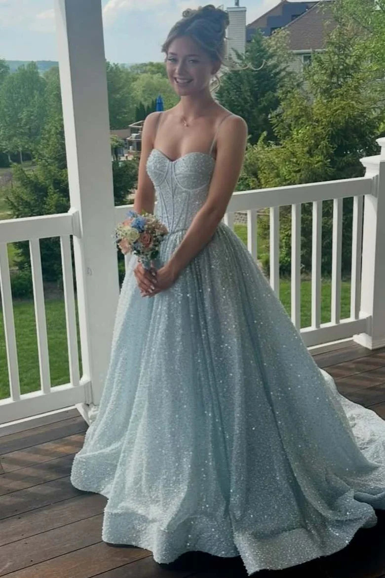 A Line Blue Sequin Prom Dress Glitter Evening Gown UK