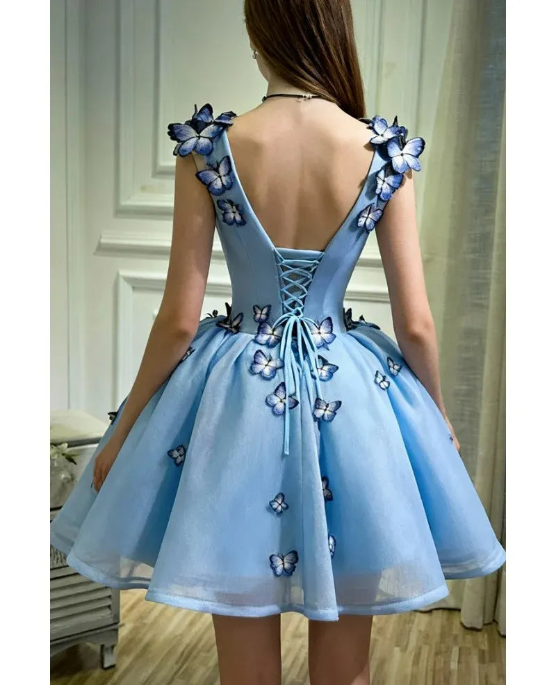 Vestidos cortos azules de fiesta, minivestido de tul con mariposas para graduación