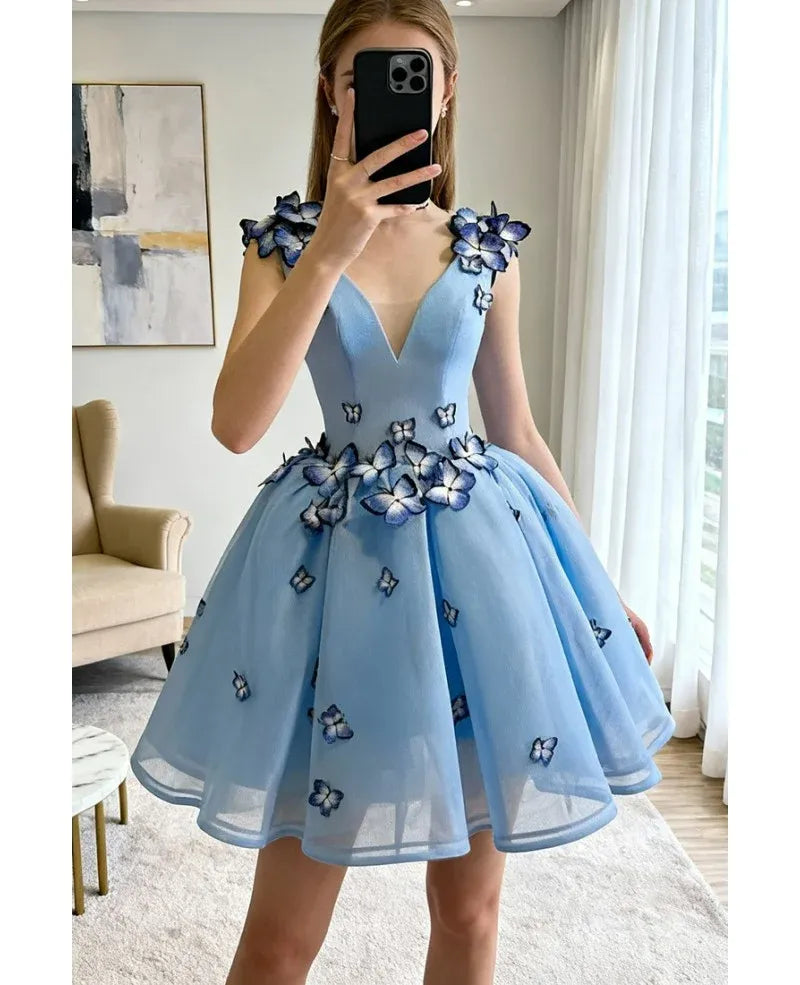 Vestidos cortos azules de fiesta, minivestido de tul con mariposas para graduación