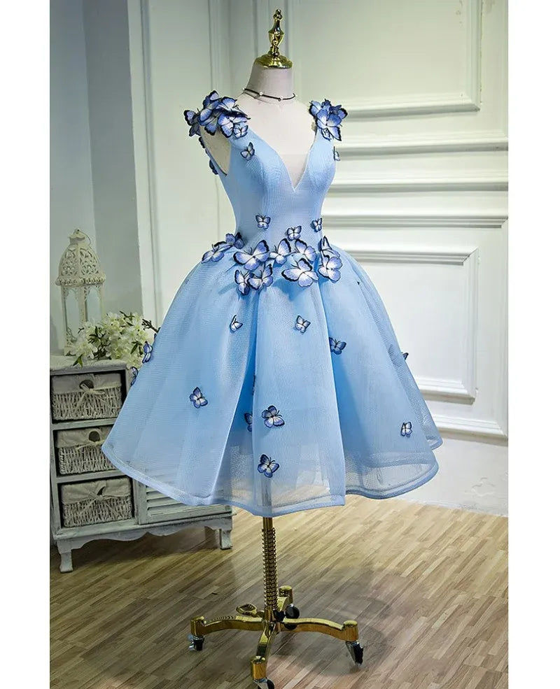 Blue Short Homecoming Dresses Mini Butterfly Tulle dress for Graduation