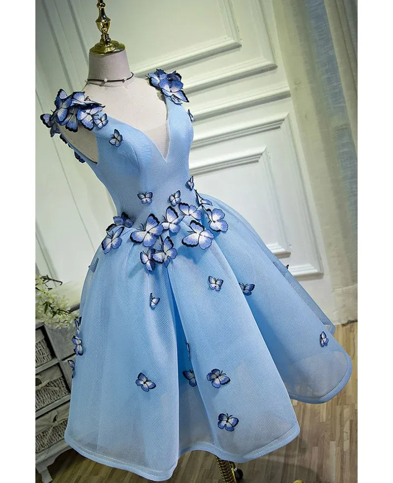 Blue Short Homecoming Dresses Mini Butterfly Tulle dress for Graduation