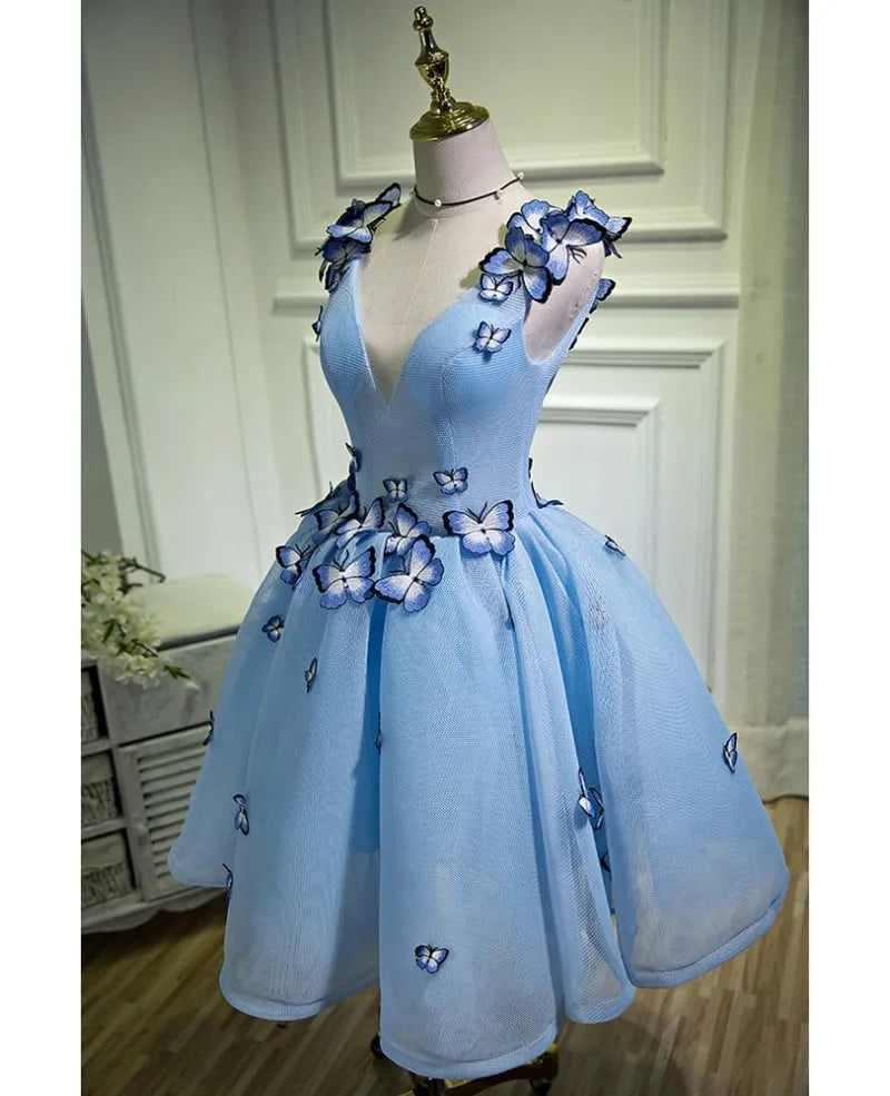Blue Short Homecoming Dresses Mini Butterfly Tulle dress for Graduation
