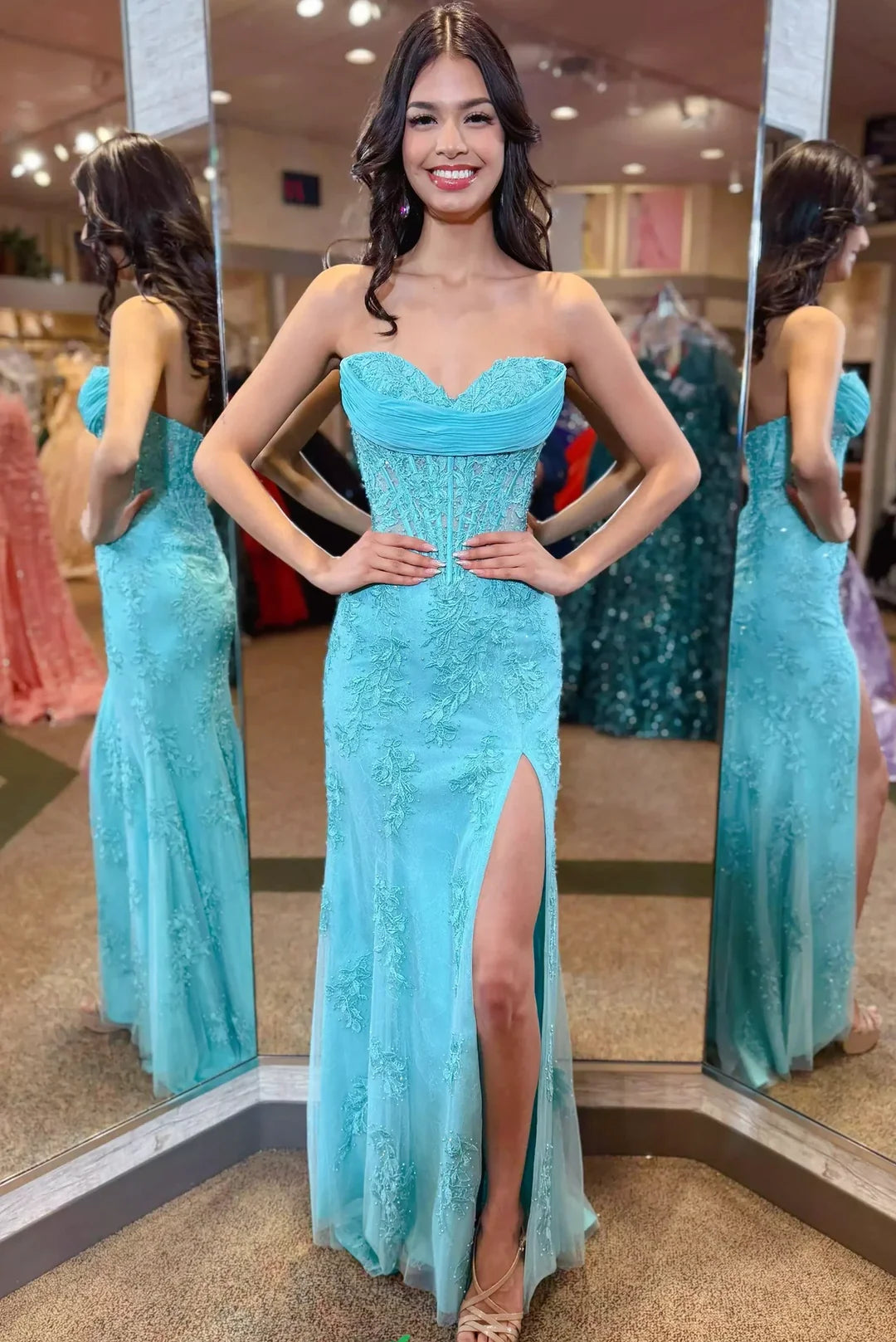 Strapless Corset Lace Prom Dress Blue