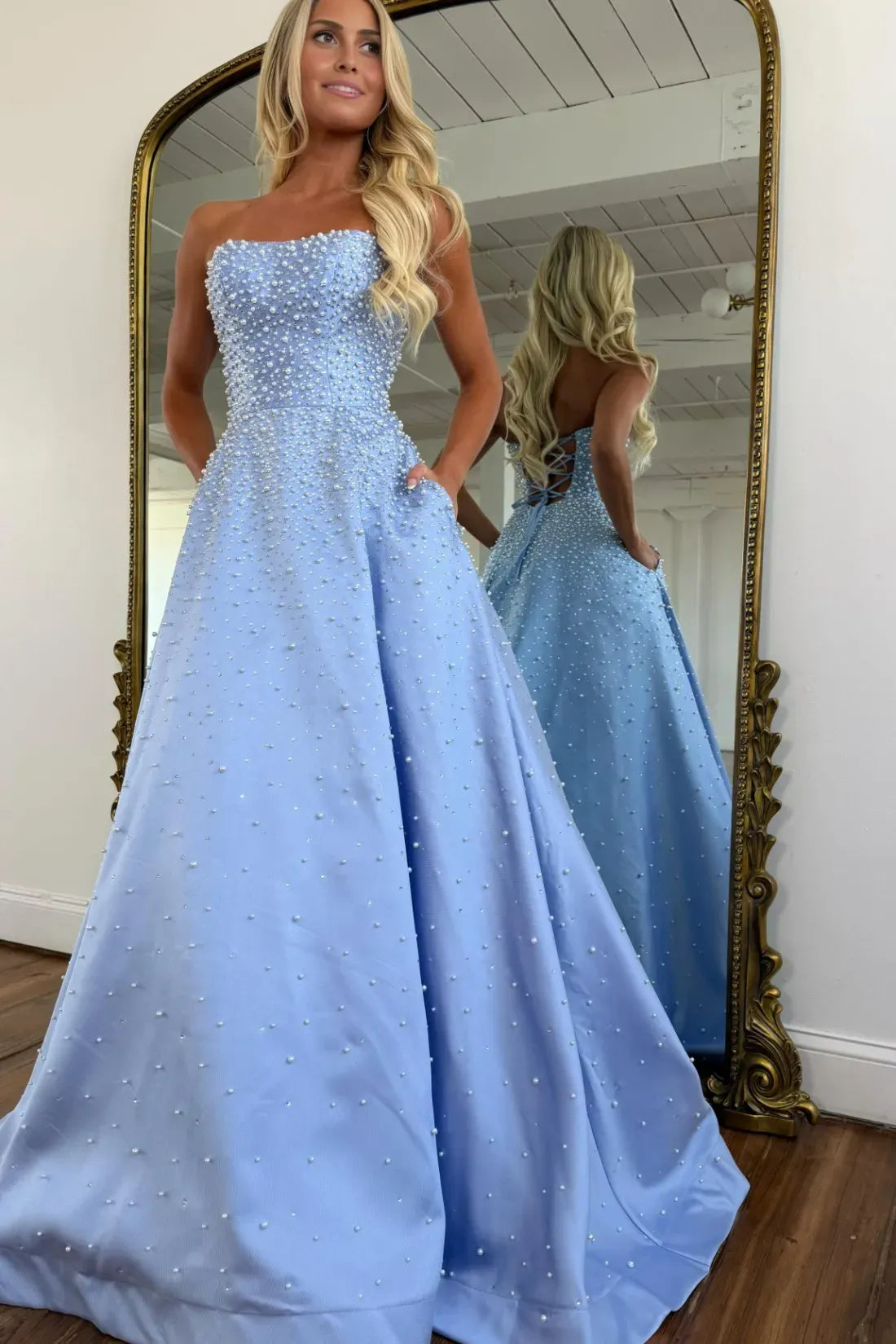 Light Blue Strapless Prom Dress Pearls A-line Satin Evening Dress Sweetheart