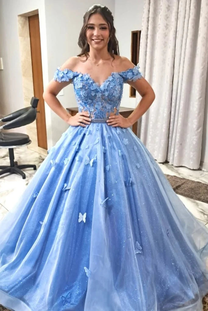 Off the Shoulder Blue Sweet 16 Dress Lace Prom Gown with Butterfly