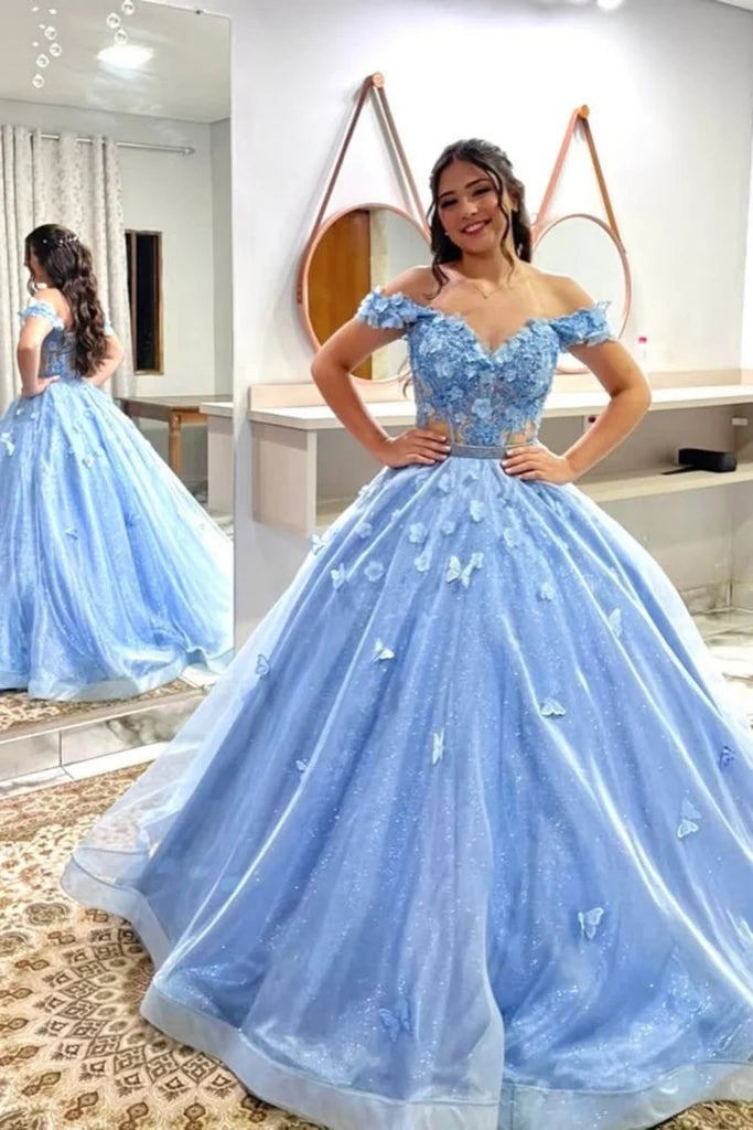 Off the Shoulder Blue Sweet 16 Dress Lace Prom Gown with Butterfly