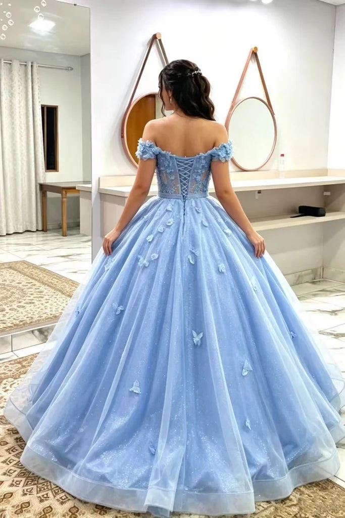 Off the Shoulder Blue Sweet 16 Dress Lace Prom Gown with Butterfly