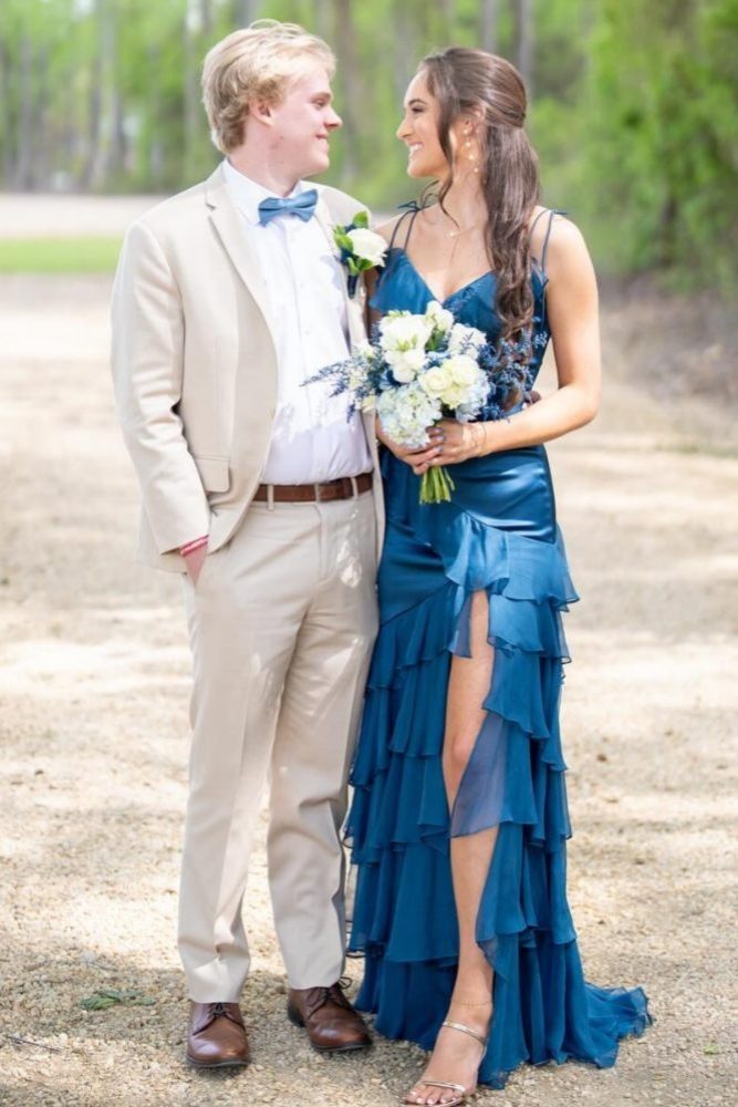 Emerald Green Chiffon Ruffle Prom Dress V-Neck Tiered Guest Dress - MyChicDress