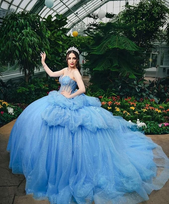 Tiered Corset Blue Quinceanera Dresses Off Shoulder Lace-Up Mychicdress