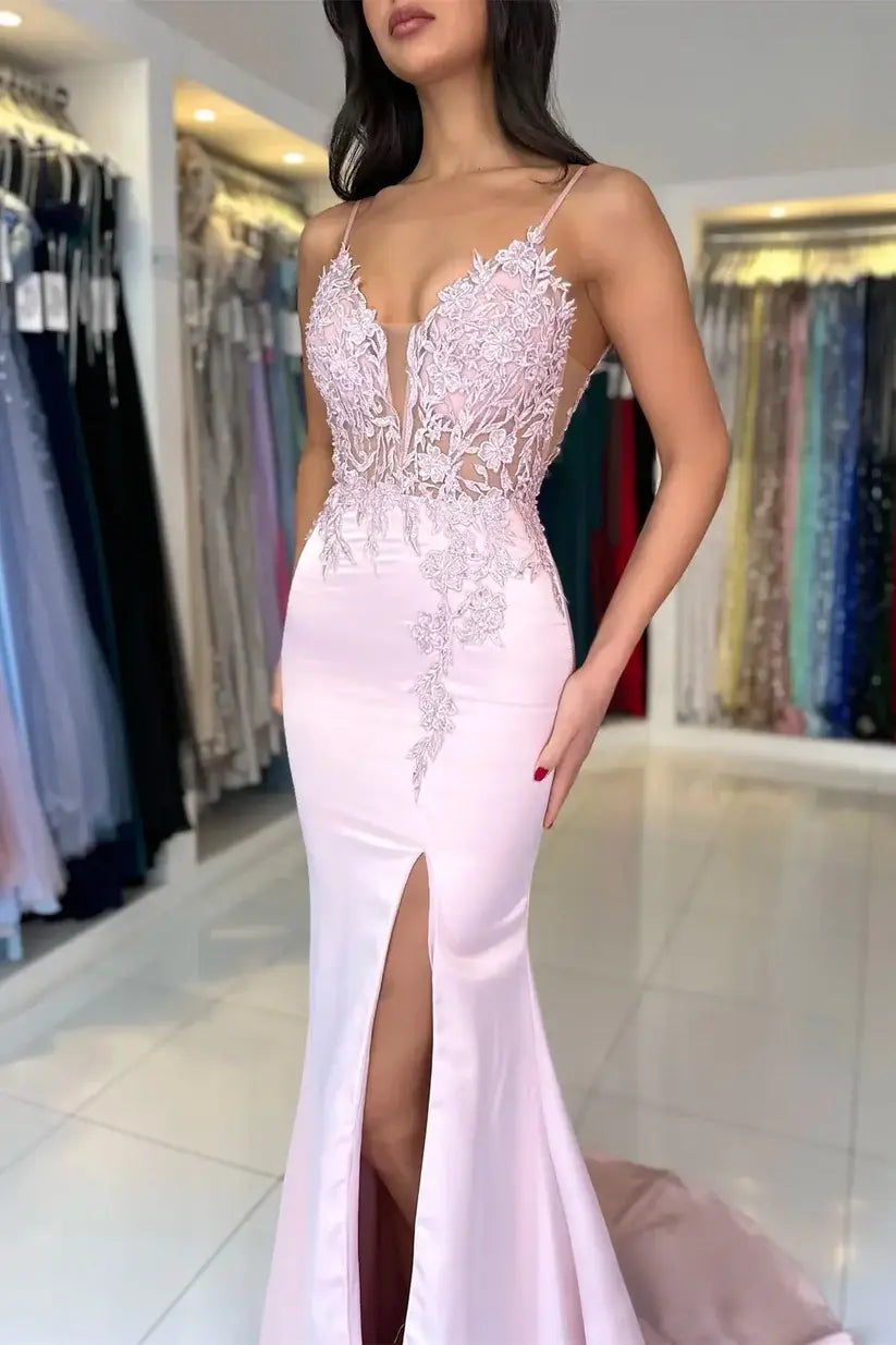 Pink Lace Evening Dress Mermaid Long Prom Dress with high slit
