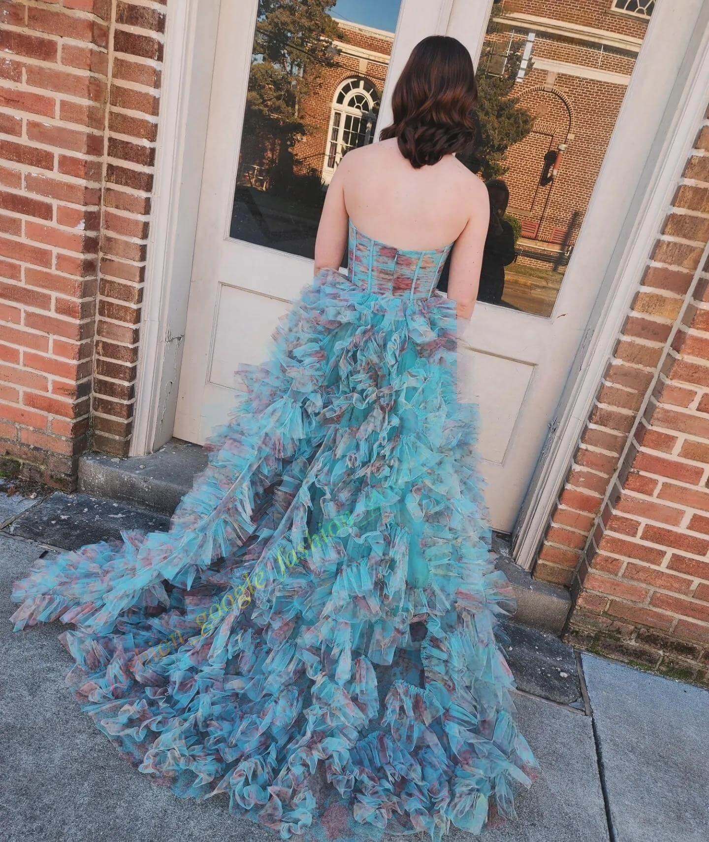 Bodice Printed Floral Prom Dress Strapless Fitted Layered Evening Gown