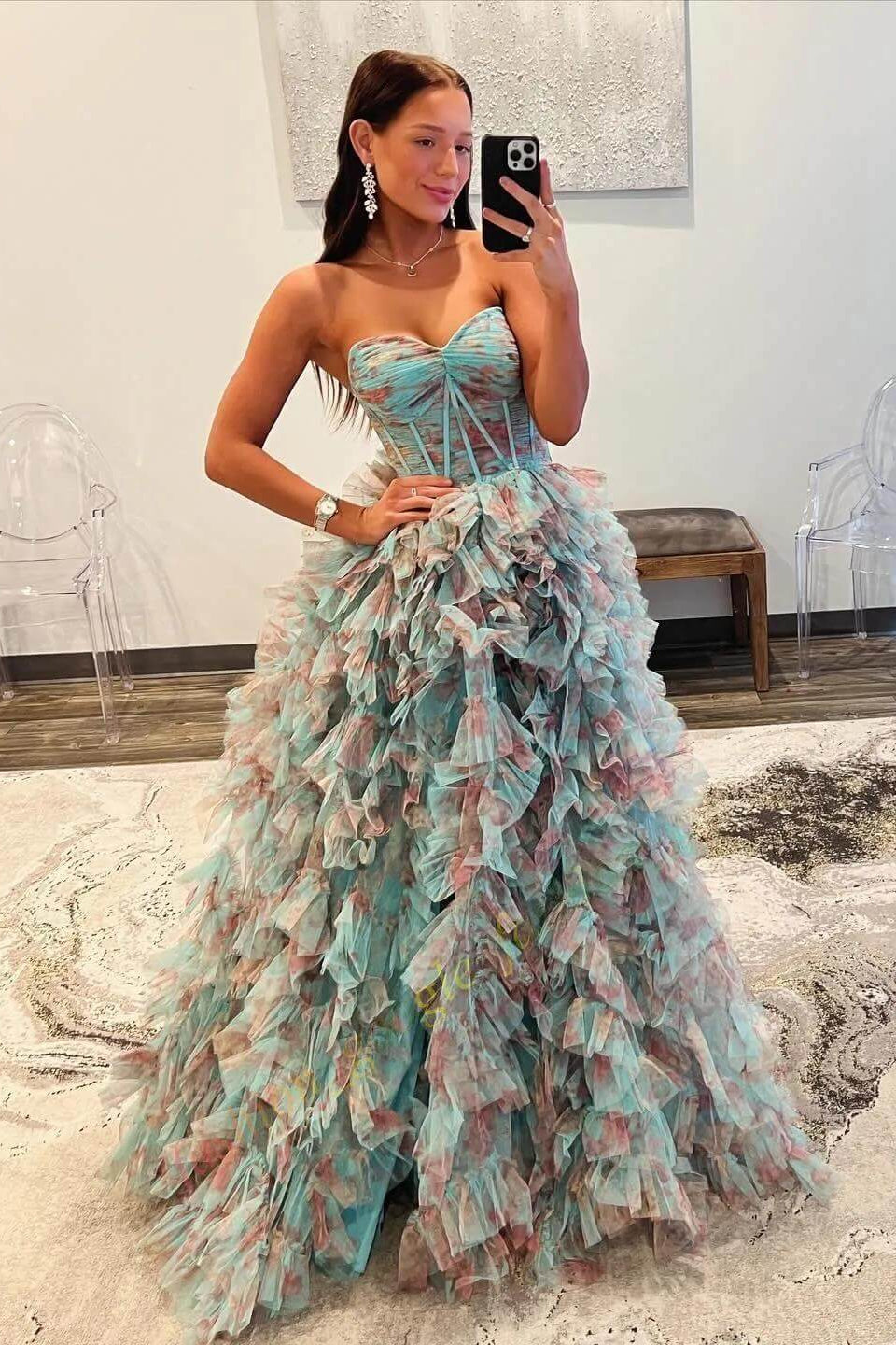 Bodice Printed Floral Prom Dress Strapless Fitted Layered Evening Gown