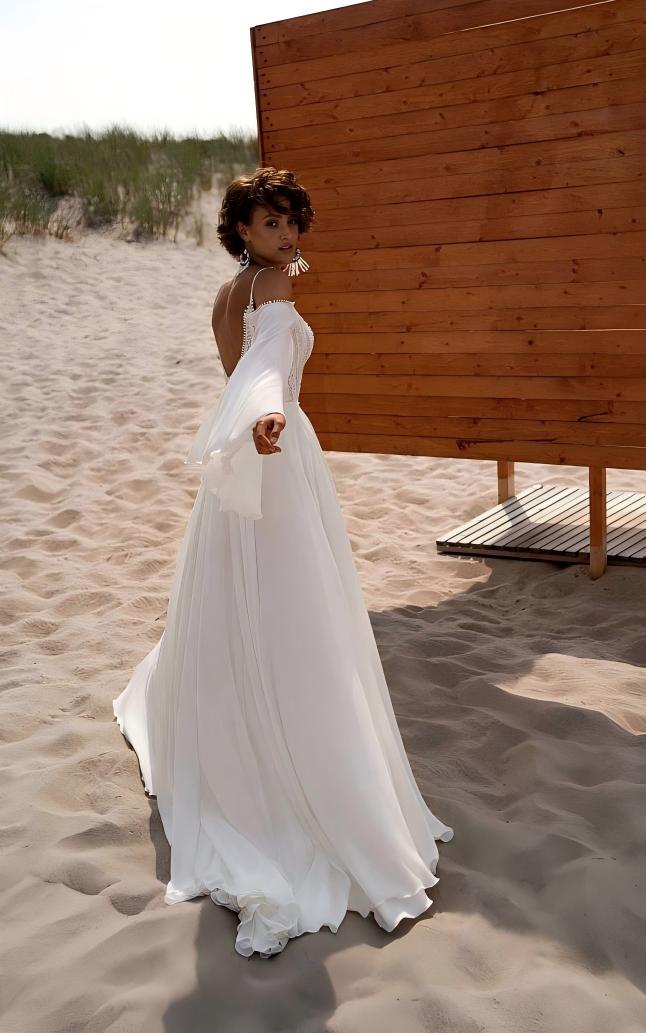 Boho Beach Wedding Dress Spaghetti Strap Chiffon Bridal Gown Long Sleeves