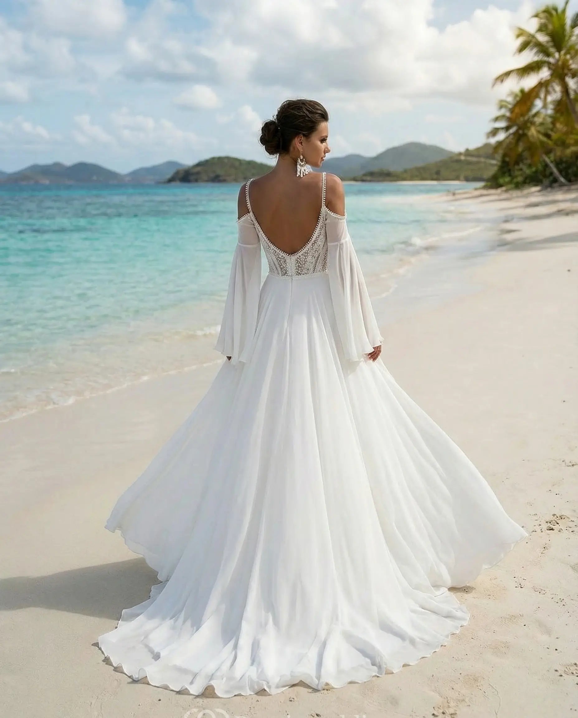 Boho Beach Wedding Dress Spaghetti Strap Chiffon Bridal Gown Long Sleeves