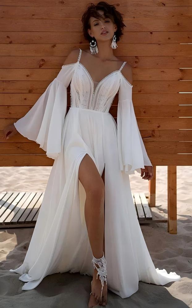 Boho Beach Wedding Dress Spaghetti Strap Chiffon Bridal Gown Long Sleeves